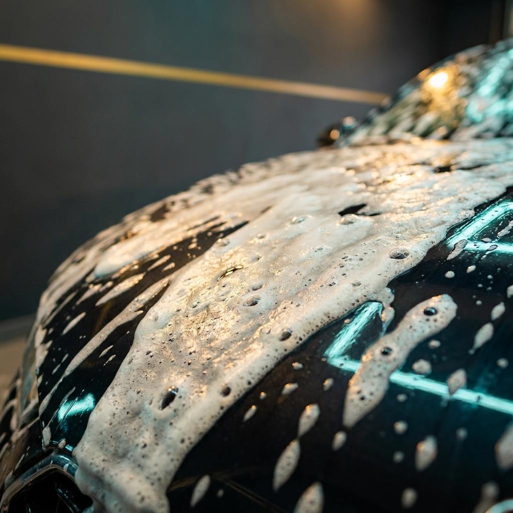 Detail husté aktivní pěny stékající po tmavém laku kapoty
